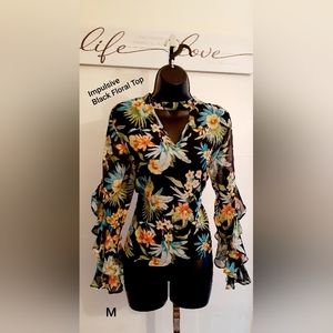 Impulsive Black Floral Ruffle Top M
